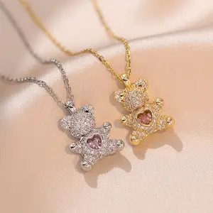 2PCS Bear Necklaces, Necklace for Women Cute Bear Necklace Heart Hug Bear Pink Micro Paved Zircon Simple Adjustable Clavicle Chain, Trendy Female Gift Jewelry Accessory Faux Pearl Jewelry