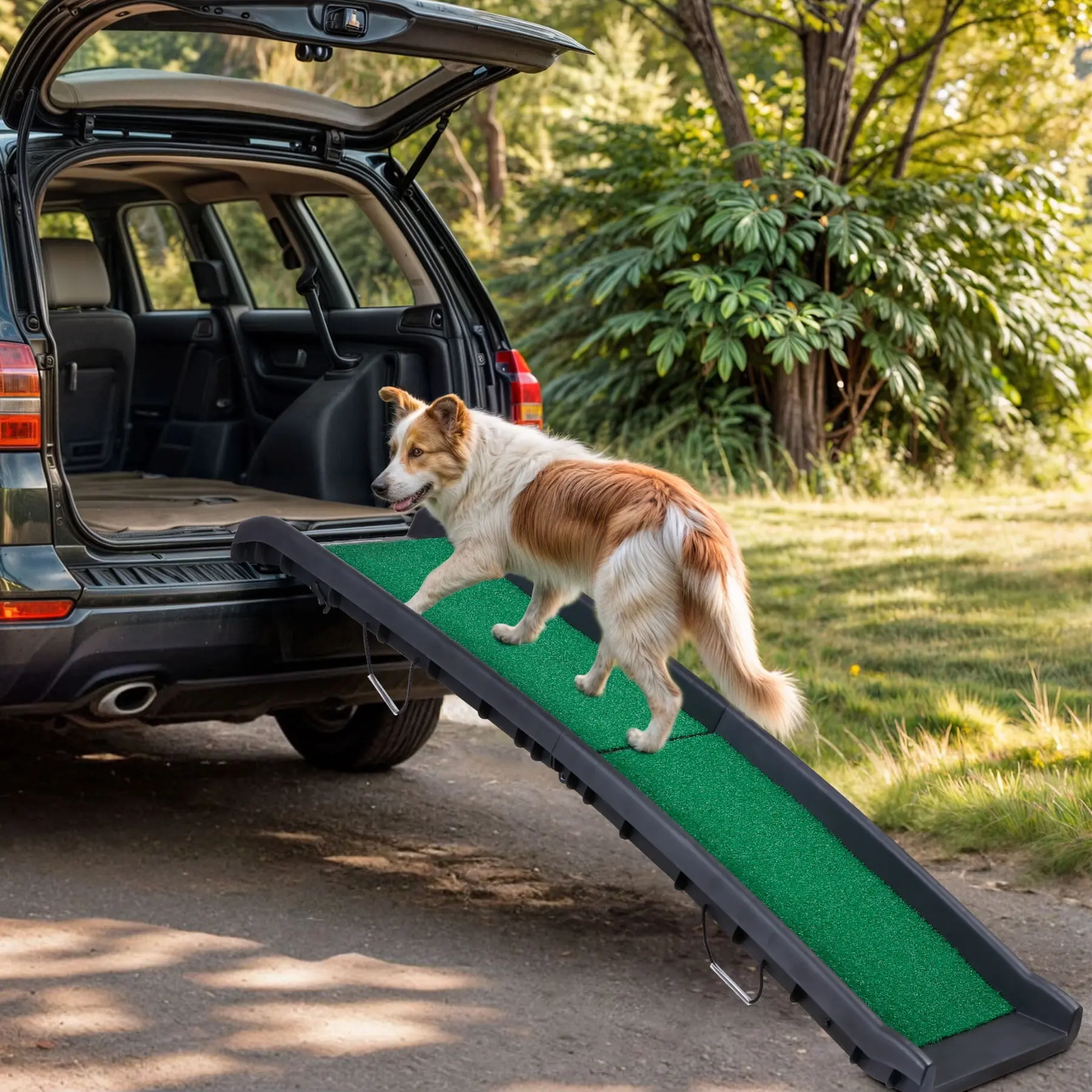 Segawe 61in Foldable Plastic Pet Ramp with Grass Padding, Outdoor Use, Pawgrip Nonslip Surface, Raised Sides, Fast Unfold, Side Handles Make Lifting Simple, Fold to 30.9", Portable for Cars-SUVs, Safe Climbing, Secure Access