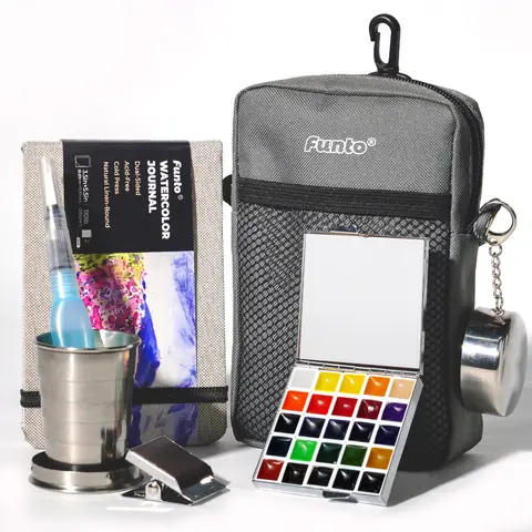 Funto Mini Watercolor Paint Set - 24-Color Premium Pocket Travel Art Materials, All-In-1 Hand Painting Set with Crossbody Bag, Watercolor Journal, Water Brush, Paint Cup, Magnetic Grip, Acid-Free DIY Doodle Art Supplies for Beginners #Outdoorfun