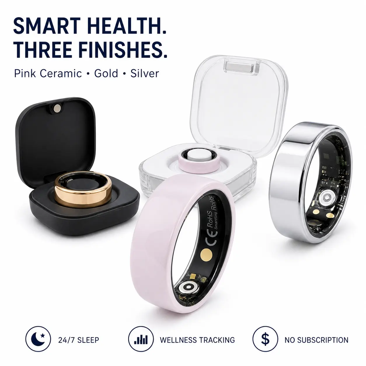 Ceramic Finish Smart Ring Wearable - Portable & Casual Fitness Trackers with Bluetooth, 24H Sleep Quality Monitor, Heart Rate HRV Stress Tracking, 5ATM Waterproof, No Subscription Fee, Charging Case for iOS & Android
