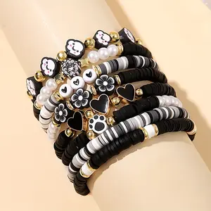 8-piece set, sweet and cute flower love elements, pink multi-layer stacked pottery bracelet, Valentine's Day Ladies Music Festival party wearing bracelet set