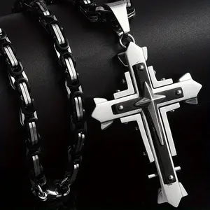 Elegant Men's Vintage Stainless Steel Cross Pendant Necklace, Luxurious Hip Hop Cuban Chain, Suitable for Casual Wear and Gifts, Religious Cross Jewelry, Cross Necklace, fancy jewery