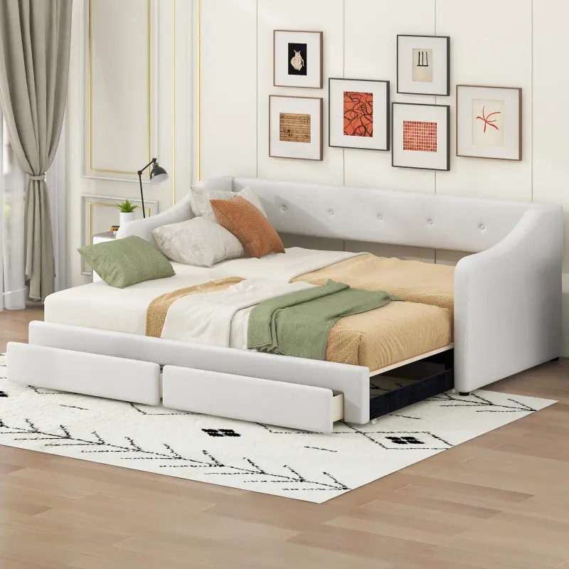 【Bellemave】Twin XL to King Size Upholstered Daybed with Two Drawers, Beige    RR