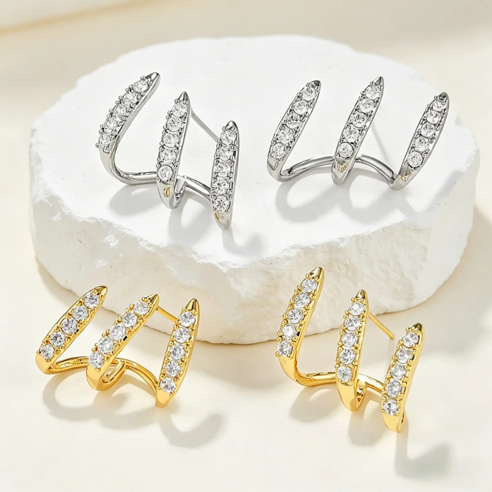 GGIRL Women's 18K Gold-Plated Triple-Row Cubic Zirconia Crawler Earrings, Hypoallergenic Earrings Set, Suitable for Multiple Piercings, Ideal for Everyday Wear & Holiday Gifts