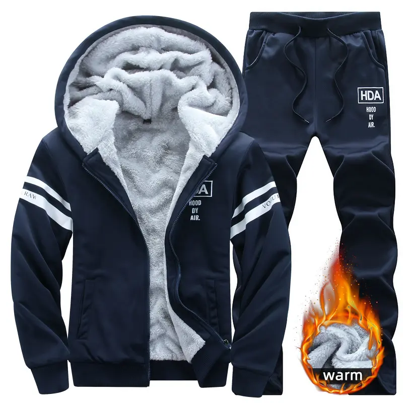 Men's 2-Piece Cozy Fleece Sweatsuit, Fitted Letter Print Hooded Jacket and Jogger Pants Winter Outfit, Long Sleeve