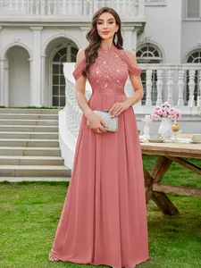 MIUSOL 24413A Women's Elegant Halter Sequin Embroidered Lace Off Shoulder Chiffon Sleeve Formal Evening Party Maxi Dress for Cocktail and Prom Events