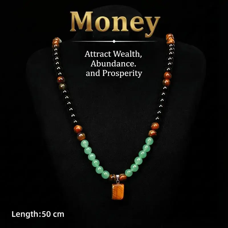 Money Attraction Necklace with Green Aventurine & Tiger Eye Pendant, Healing Crystal Stone Jewelry, Anniversary & Vacation Theme Party Charms, Abundance Crystal Necklace, Long Chain Sweater Chain, Ideal Gift for Men and Women, Valentine