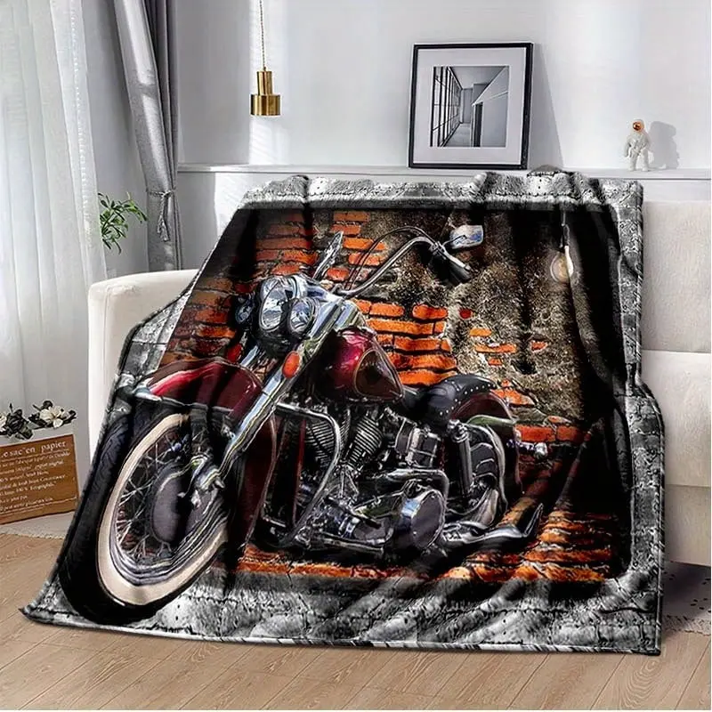 Vintage Red Brick Motorcycle Print Flannel Blanket - Soft, Warm Throw for Bed, Living Room, Travel Use (Textiles & Soft Furnishings Bedding Linens), Flannel Soft