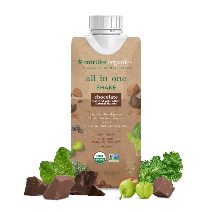 Amway Nutrilite Organics All-in-One Shakes Chocolate 12 Pack | Ready-to-Drink Vegan Protein Shake with Fiber Vitamins Minerals | USDA Organic | Plant-Based Beverage | Chocolate Flavor | 12 Bottles | Organic Plant Ingredients | Original Formula for Adults.