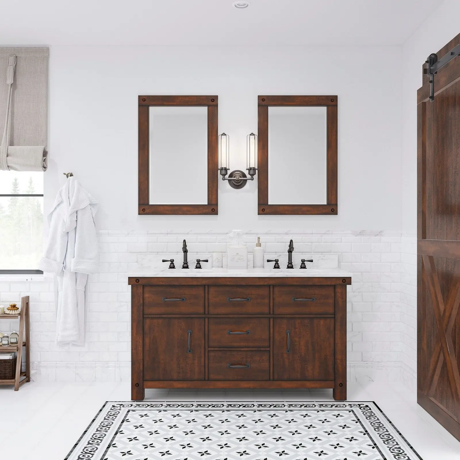 Water Creation Aberdeen 60" Double Sink Carrara White Marble Countertop Vanity in Rustic Sierra with Hook Faucets