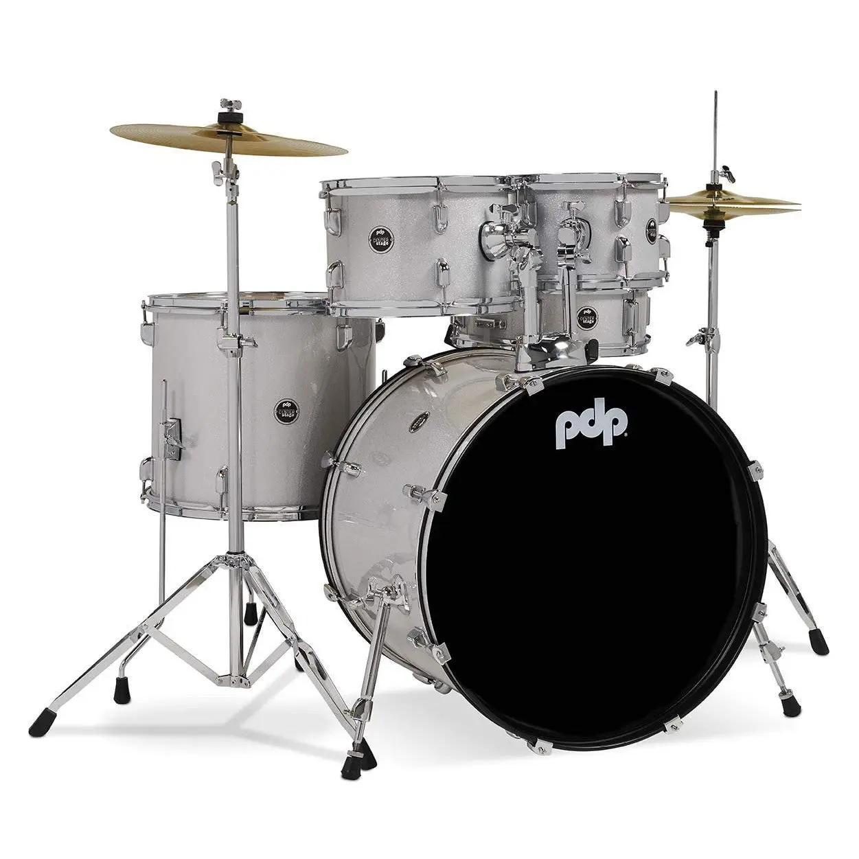 Pacific Drums Center Stage Complete Drumkit, 5 Drum Set, Diamond White Sparkle, 7x10, 8x12, 14x16 Floor, 16x22 Kick, 5x14 Snare (PDCE2215KTDW)