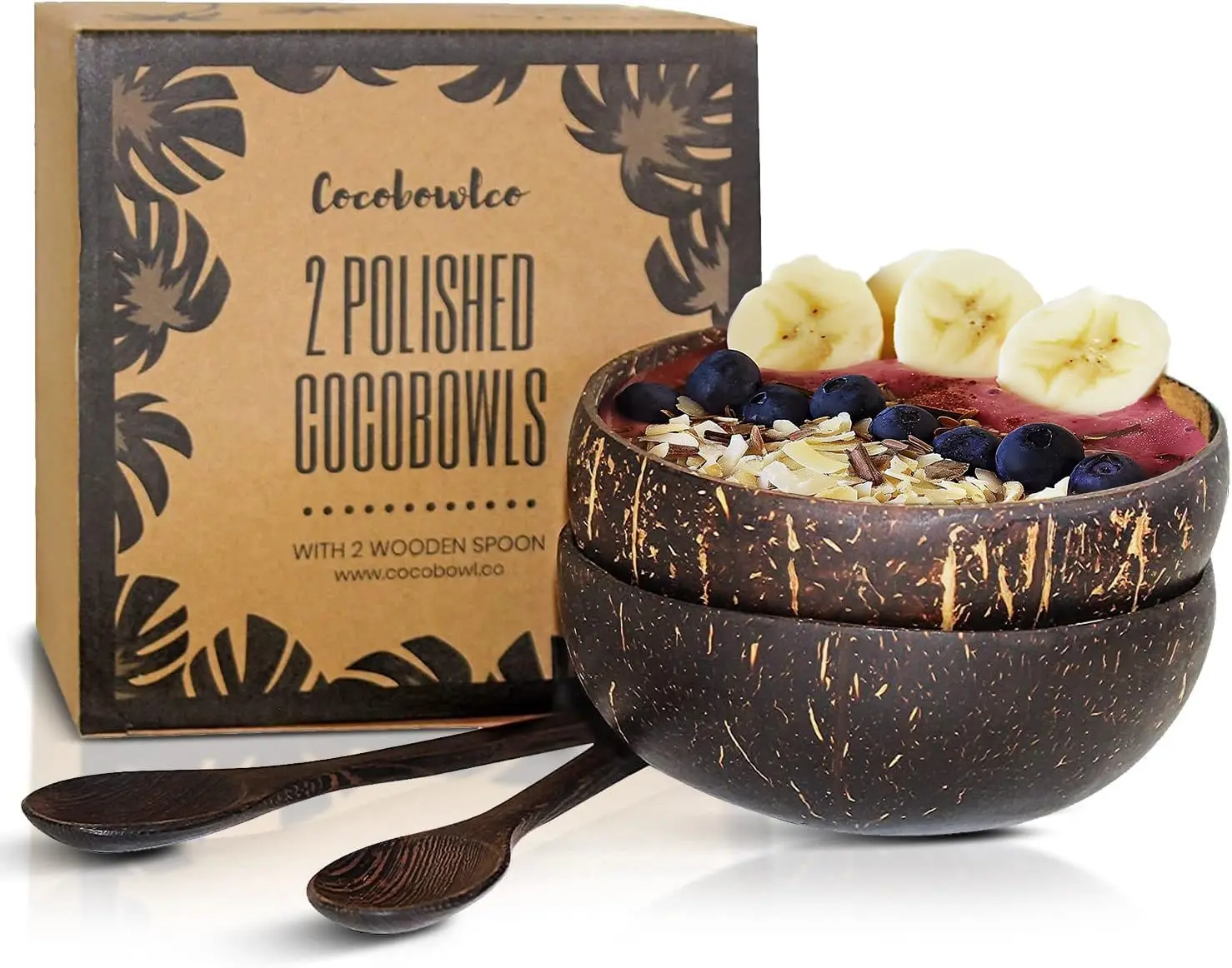 Coconut Bowl Set with Wooden Spoons – Eco-Friendly Acai Bowls, Yogurt Bowls & Smoothie Bowl – Ideal for Ninja Creami & Healthy Breakfasts (Set of 2)  Utensils Dinnerware Smoothiebowl