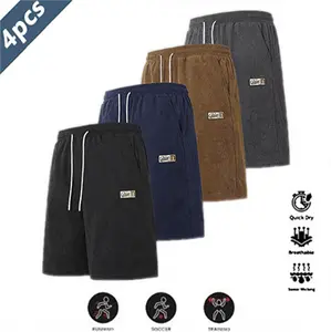 4 Pack men's casual sports shorts, anti wrinkle polyester fiber fabric, loose version, drawstring belt, solid color design, suitable for sports fitness and simple style wear