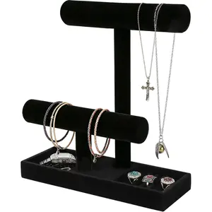 Wudygirl Minimalist Foldable Black Velvet Rectangle Jewelry Organizer Stand - 2-Tier Bling Holder with Earring Ring Tray, Vanity Storage for Scrunchies, Watches