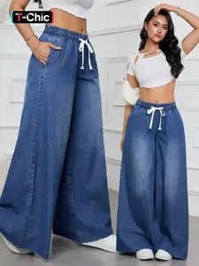 Women's Loose Fit High Waisted Denim Wide Leg Pants, Spring Summer Fashion Casual Streetwear Elegant High Rise Jeans, Comfortable Elastic Waist Ladies' Clothing