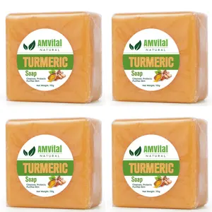 AMVital Turmeric Soap Bar (4 packs) Handmade,Targets Acne & Dark Spots, soap honey  glow face body wash skincare turmeric body jabon de curcuma