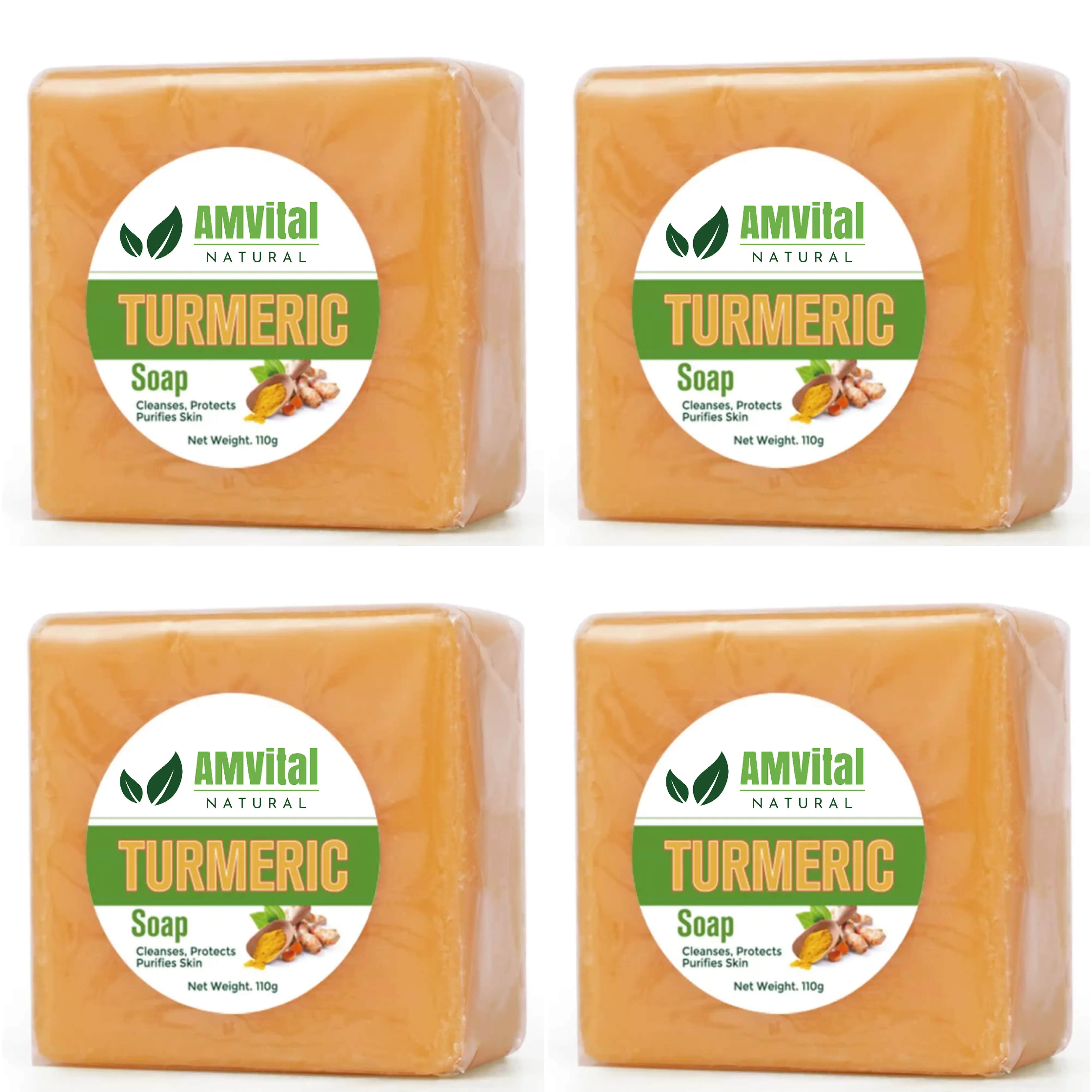 AMVital Turmeric Bar Soap - Gluten-Free, Aluminum-Free, Non-Toxic Body Care Product for Adults, Brightening & Hydrating Face & Body Cleanser, Handmade for All Skin Types, 4-Pack