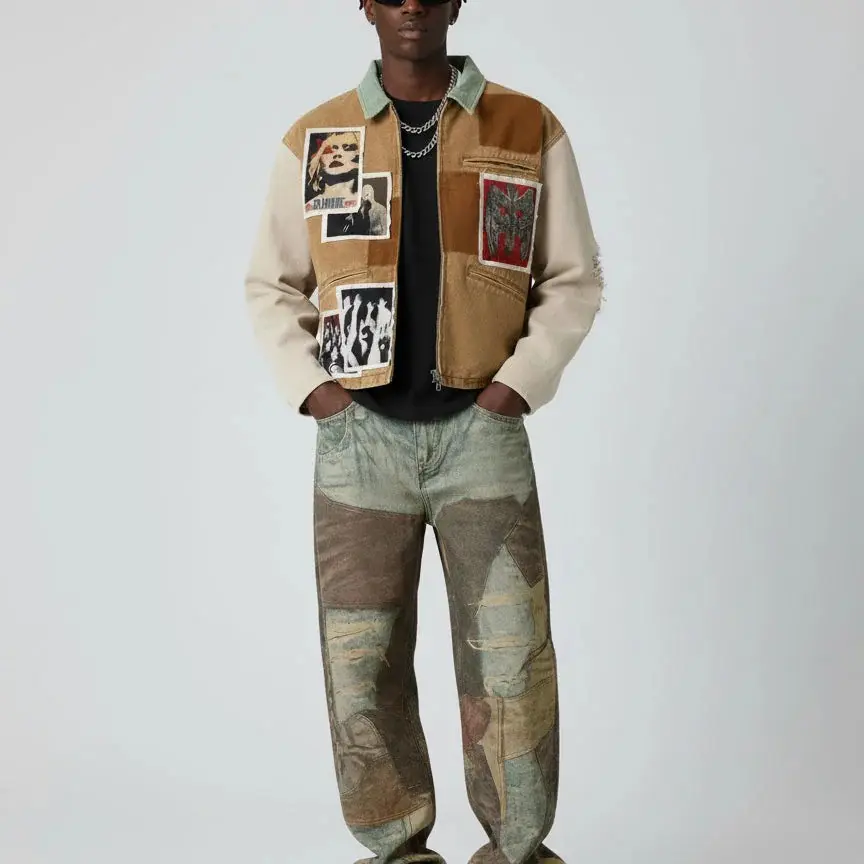 Supermade Men's Punk Retro Heavy Streetwear Jacket with Graphic Collage Print and Distressed Patchwork, Menswear, Coats