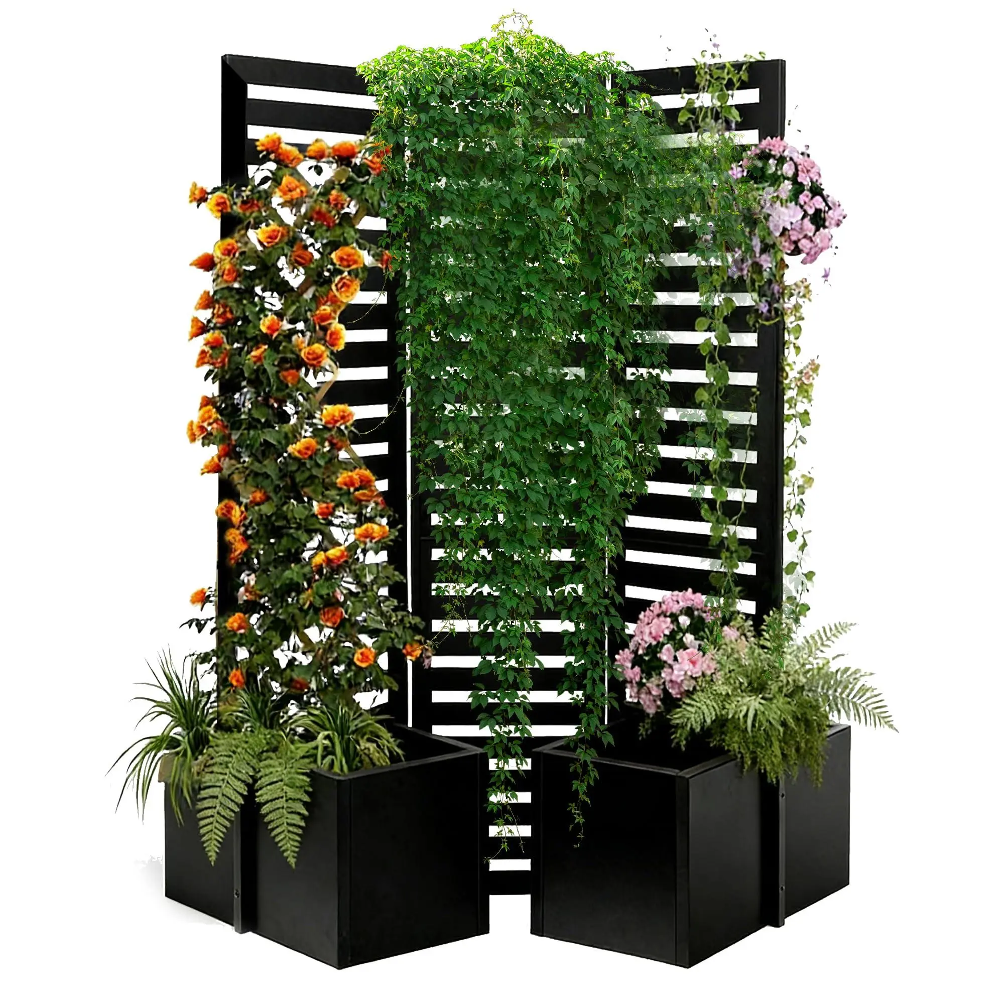 Outdoor Privacy Screen with Planter Boxes, 3-Panel Freestanding Metal Garden Divider with Trellis for Patio Yard