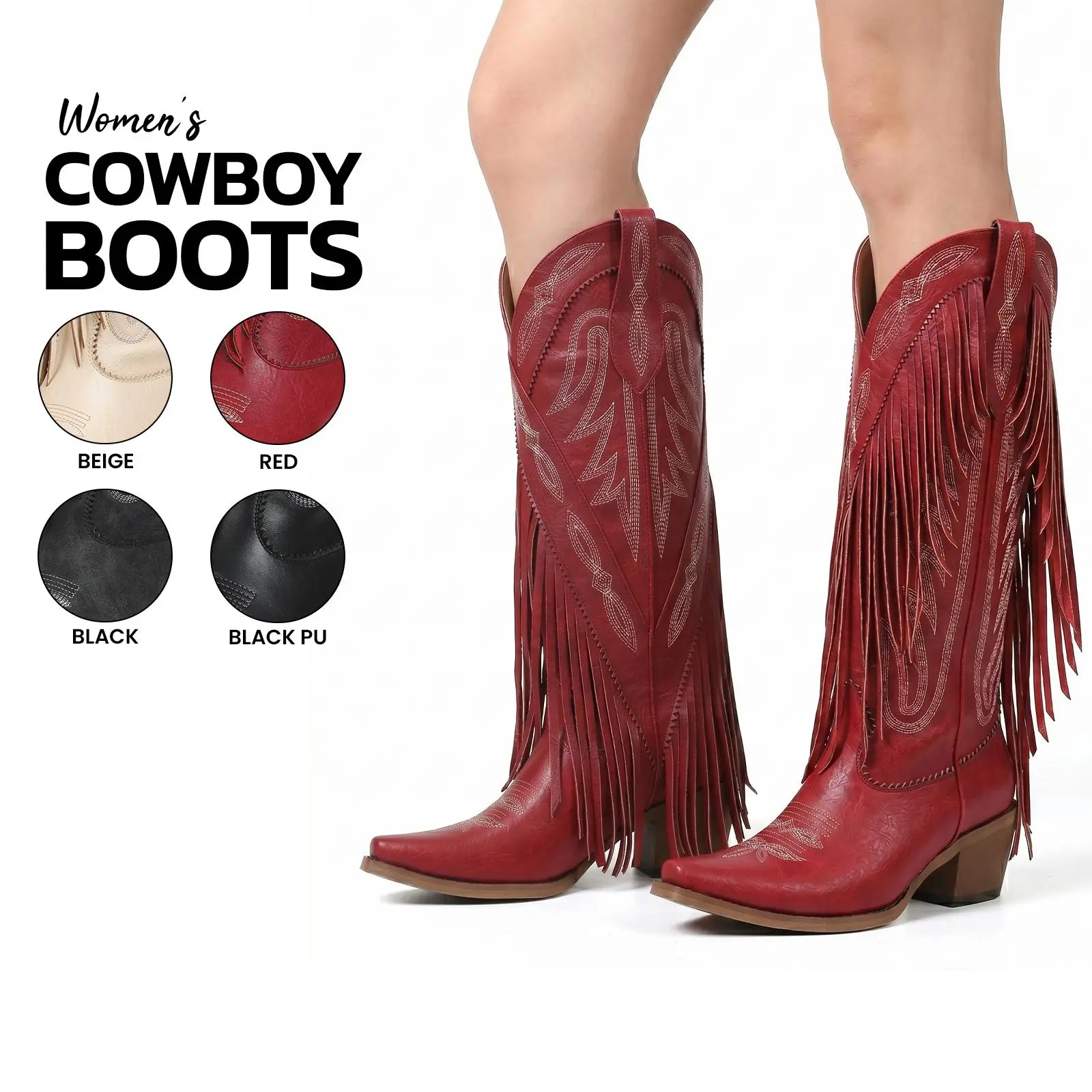 Cowboy Boots For Women Fringe Knee High Pointed Toe Chunky Block Heel Tassel Easy Pull On Embroidered Vintage Fashion Retro Date Party Dress Concert Country Wedding Festival Cosplay Western Cowgirl Booties