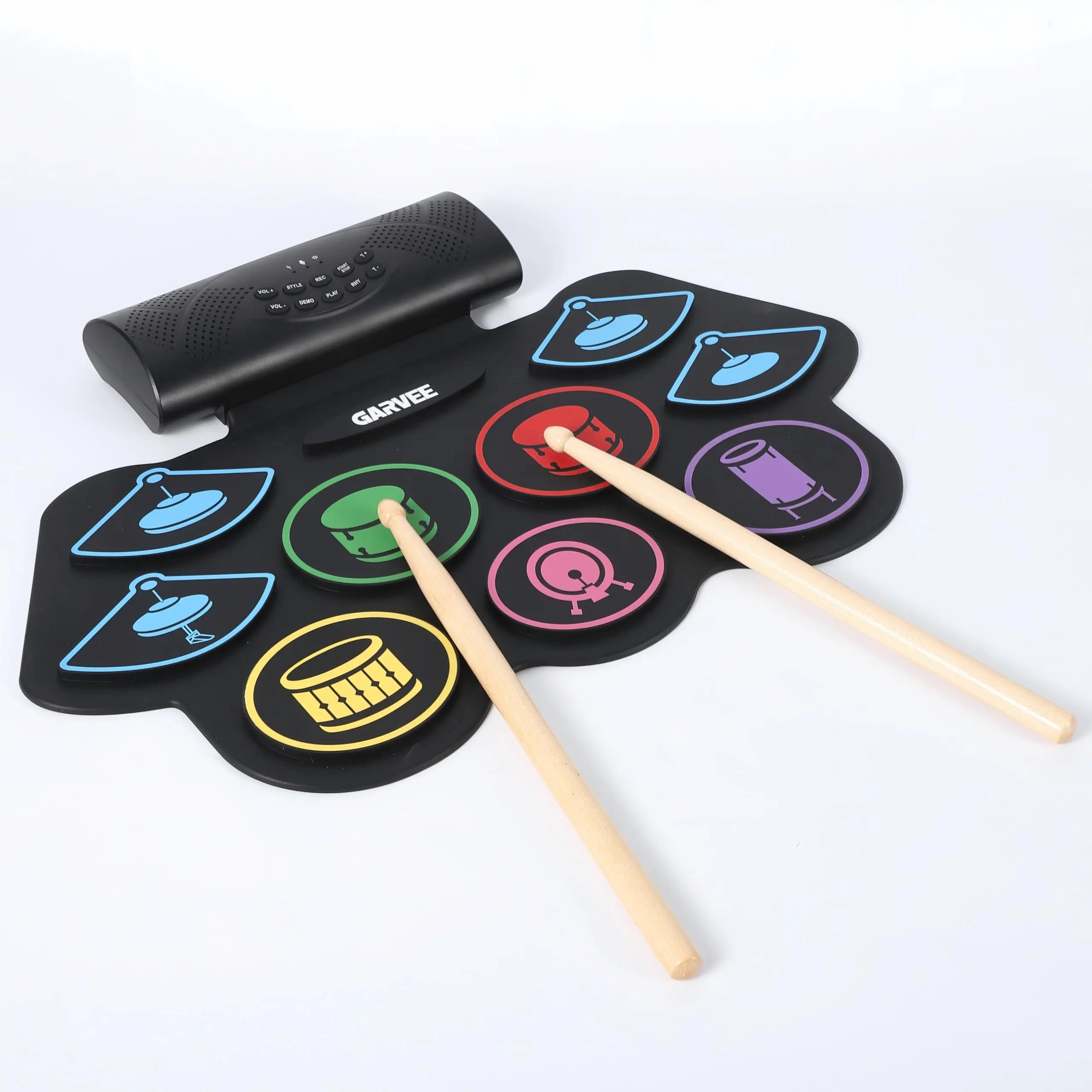 Portable Roll-Up Wireless Rechargeable Drum Machine Set - 9/7 Speed-Pads, Rechargeable Battery (10 Hours), Built-In Speaker, Headphone Jack, External Speaker Compatible, Dual Pedals, Beginner Percussion Musical Instrument Kit