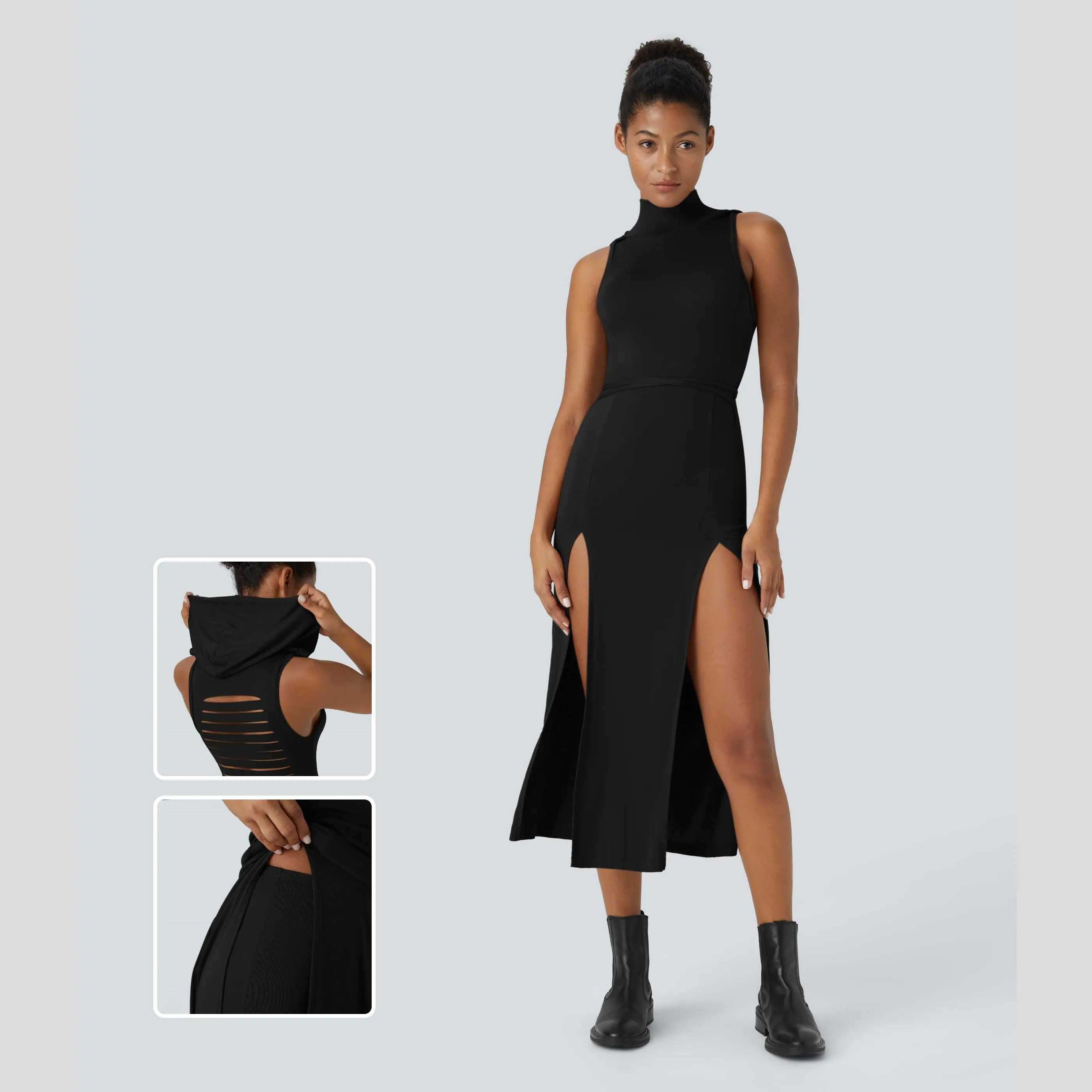 Halara Women's Ribbed, Hooded, High Neck, Sleeveless, Cut Out, Tie Back, Split 2-Piece Midi Casual Dress #BackToSchool