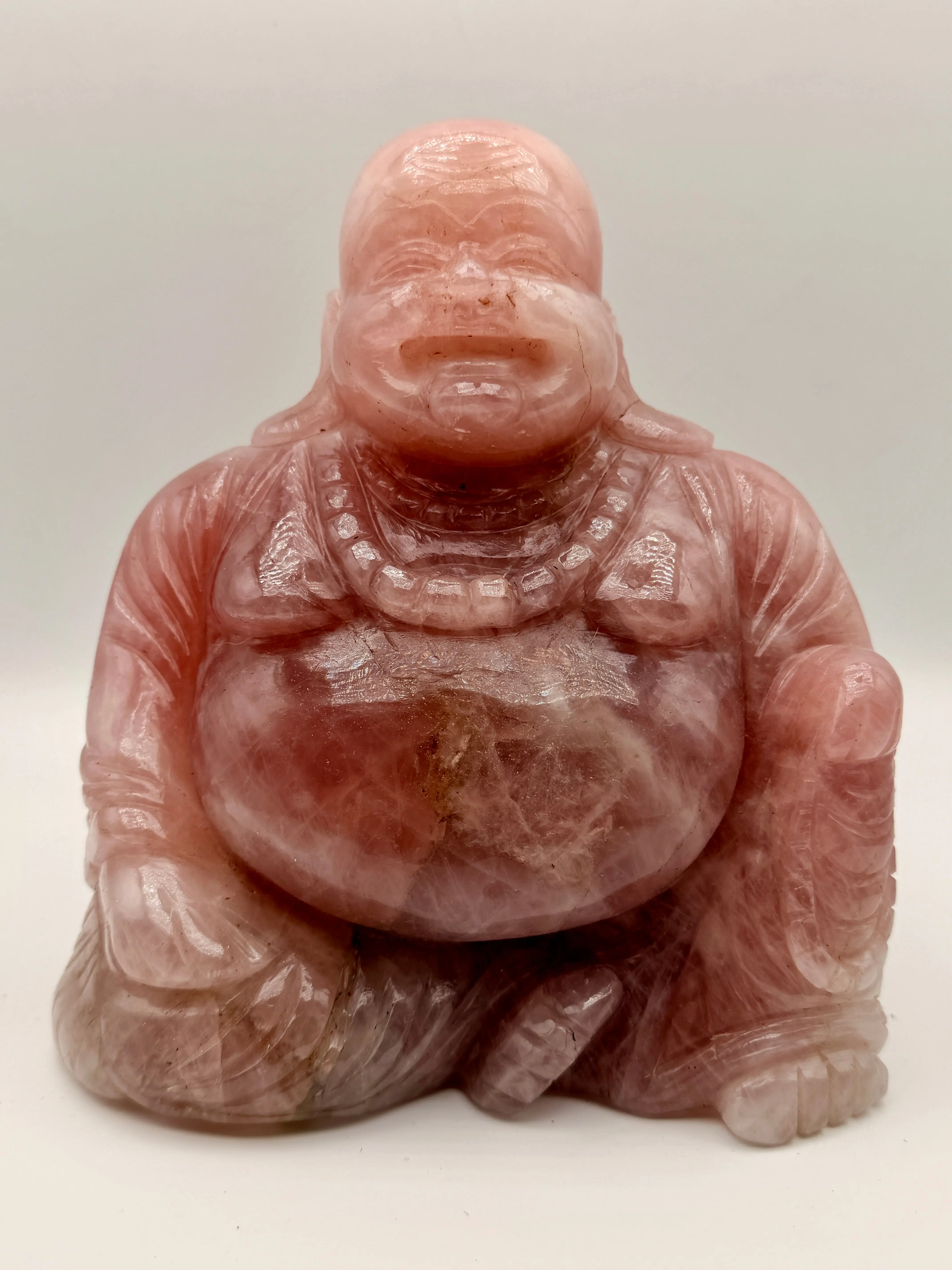 Handmade Smooth Rose Quartz Mineral Crystal Carving - 8 in h x 7 in l x 4 in w, 9.7 lbs Brightening Laughing Buddha Collectible, Religious Home Decor Sculpture for Room Altar