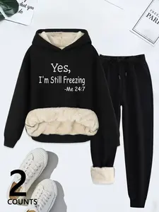 Women's streetwear style black fleece-lined hoodie and sweatpants set, featuring a humorous winter Graphic slogan print, comfortable and warm, suitable for adults to wear at home and casually out in cold weather.