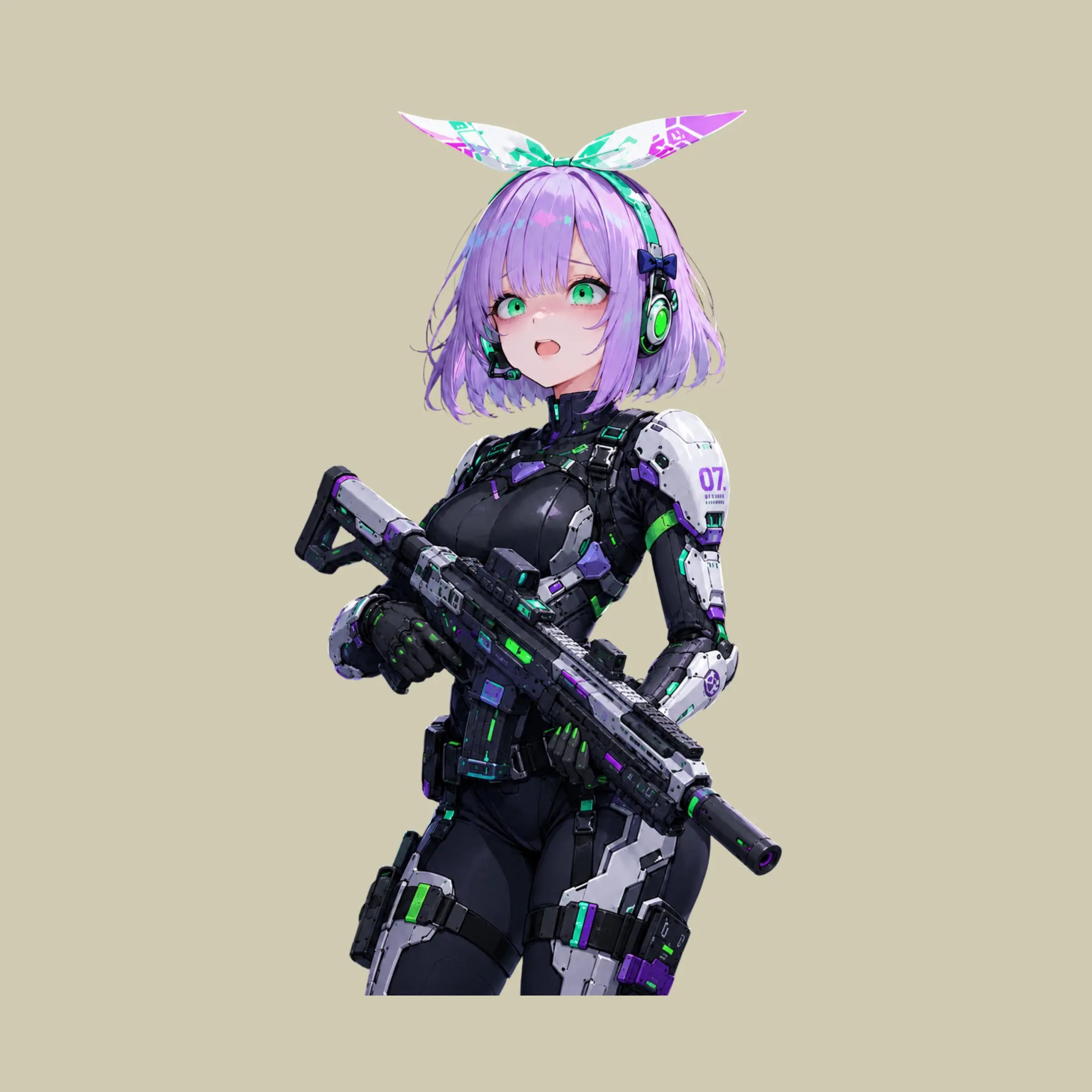 Purple Hair Cyber Soldier Sticker, Bunny Headset Tactical Decal for Laptop, Bottle, Gamer Gear