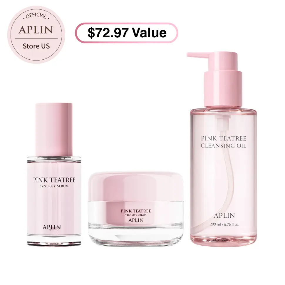 3-Piece Pink Tea Tree Skincare Set with Cleansing Oil, Niacinamide Serum & Cream | Soothing & Hydrating for Sensitive, Acne Prone Skin to Achieve Radiant Skin, Hydrate, Moisture
