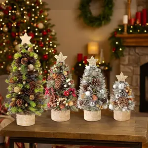 Mini Christmas Tree with Base Artificial Pine Tabletop Tree for Office Reception Window Display & Party Decor with Pinecones and Ornaments