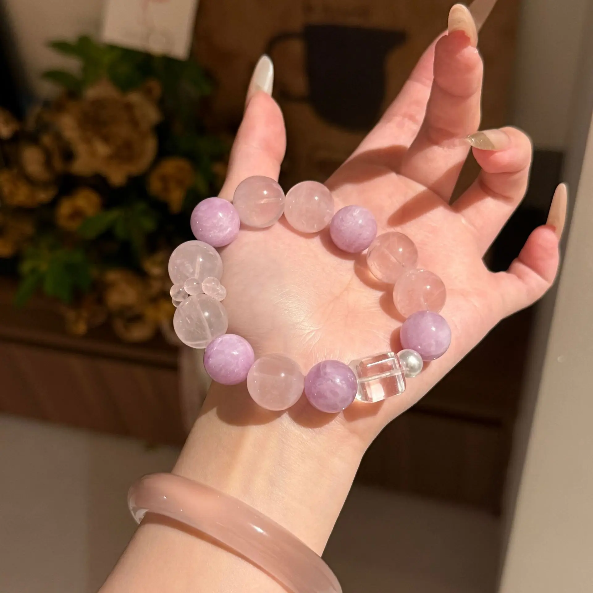 Soft Sweet Pastel Ins Aesthetic Beaded Bracelet, Natural Kunzite & Rose Quartz Mixed Round Beads with Crystal Flower & Cube Accent, Elastic Handmade Stackable Jewelry for Women