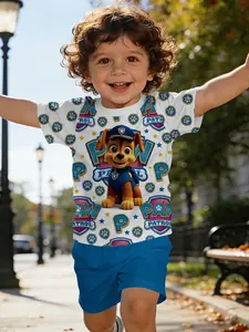 Paw Patrol Set, Justice Police Chase Digital Print T-shirt, Digital Print Infant & Toddler Short Sleeve Set, Baby Casual Kids' Wear, T-shirt Suitable for Daily and Outdoor Sports. 100% Polyester, Perfect Gift for Infants and Toddlers!