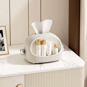 Multifunctional Tissue Box with Built-in Storage Compartment, 2-in-1 Tissue Holder and Cosmetic Organizer for Bathroom Vanity & Desk