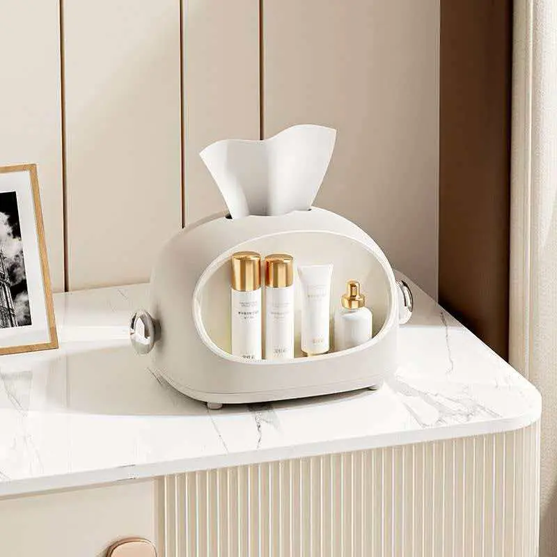 Multifunctional Tissue Box with Built-in Storage Compartment, 2-in-1 Tissue Holder and Cosmetic Organizer for Bathroom Vanity & Desk