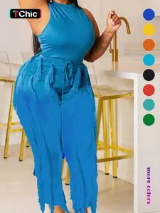 Solid Round Neck Sleeveless Tank Top & Tie Front Fringe Trim Pants for Women, Basic Minimalist Comfy Fitted Pants Two-piece Set for Fall, Going Out Outfits, Ladies Chic Evening Event Clothing, Casual Matching Set, Casual Fashion Set, Cozy Lounge Set