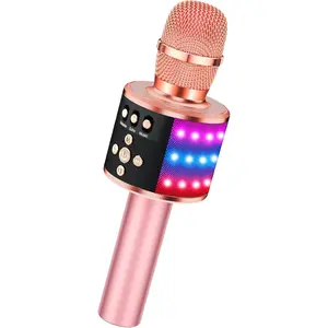 P-KCK09    Karaoke Microphone for Kids & Adults - Bluetooth Singing Mic with Disco Lights, Echo Effect, Built-in Speaker Portable for Party Travel Gifts Dynamic Microphones Instrument Q78(Rose Gold) Audio Card