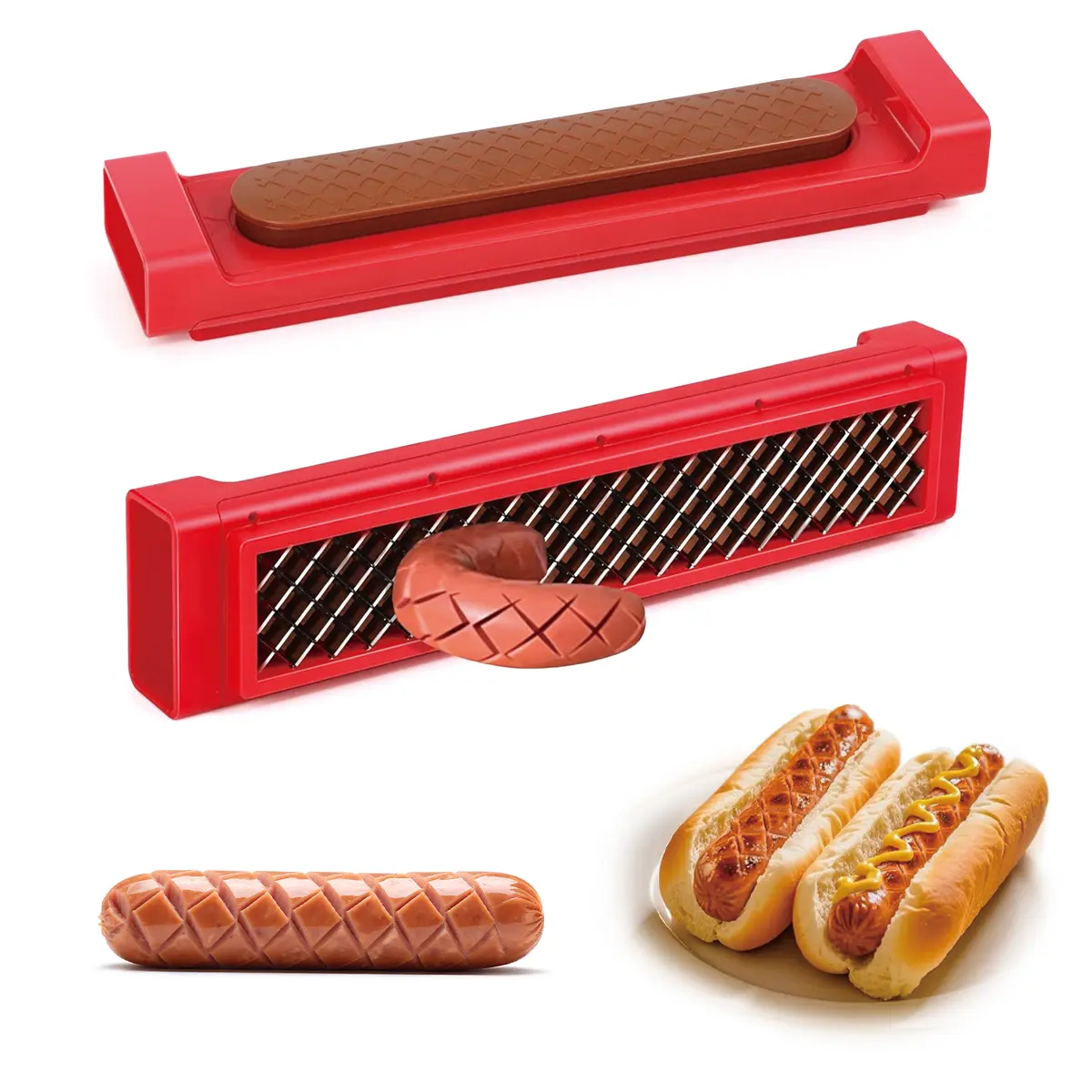 Deals for You Days Hot Dog Slicer Criss Cross Red Stainless Steel Blade One-Touch Release BBQ Grilling Picnics Outdoor Cooking Kitchen Backyard Utensils Compact Dishwasher Safe Stylish,campingessentials,campinggear