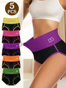 QUASTI 5 Packs High-Waist Elastic Ladies Briefs, Sports Clothes Tummy Control Fits Breathable Seamless Briefs for Womenswear, Comfortable Soft Athletic Panties , Multi-color Stretchy Postpartum and Shaping Support S-XXL Cotton Spandex Smooth Pink Rose