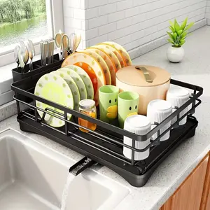 Heavy-Duty Dish Drying Rack with Drainage Basket and Kitchen Utensils Holder | Space-Saving Countertop Storage Kitchen Organizer for Plates, Bowls & Utensils | Easy Assembly, No Tools Required | Black/White | Dish Drainer Organizer