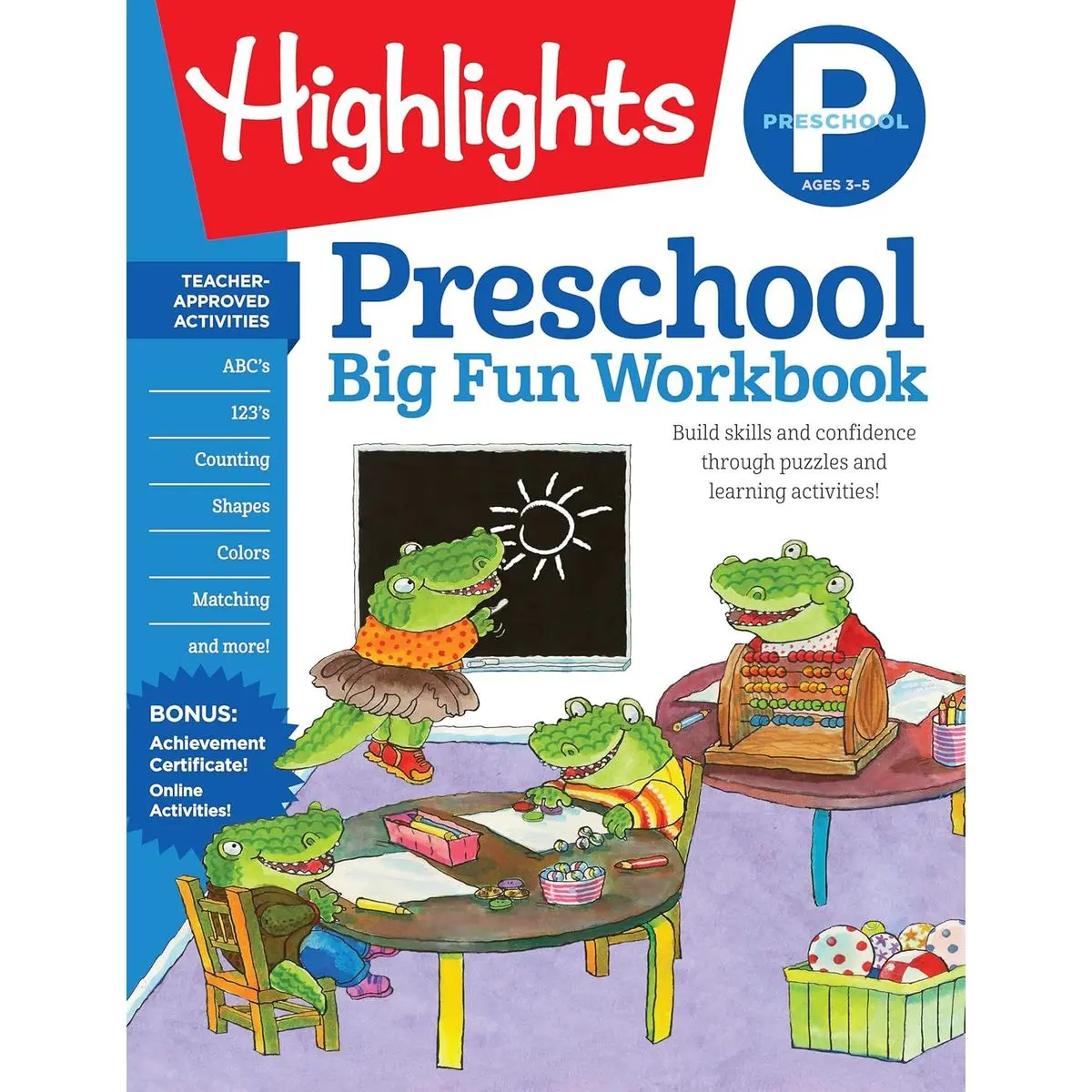 Preschool Big Fun Workbook: 256-Page Preschool Activity Book Full of Preschool Math, Language Arts, Writing Practice, Shapes Practice, Puzzles and More (Highlights™ Big Fun Activity Workbooks) Paperback – April 4, 2017