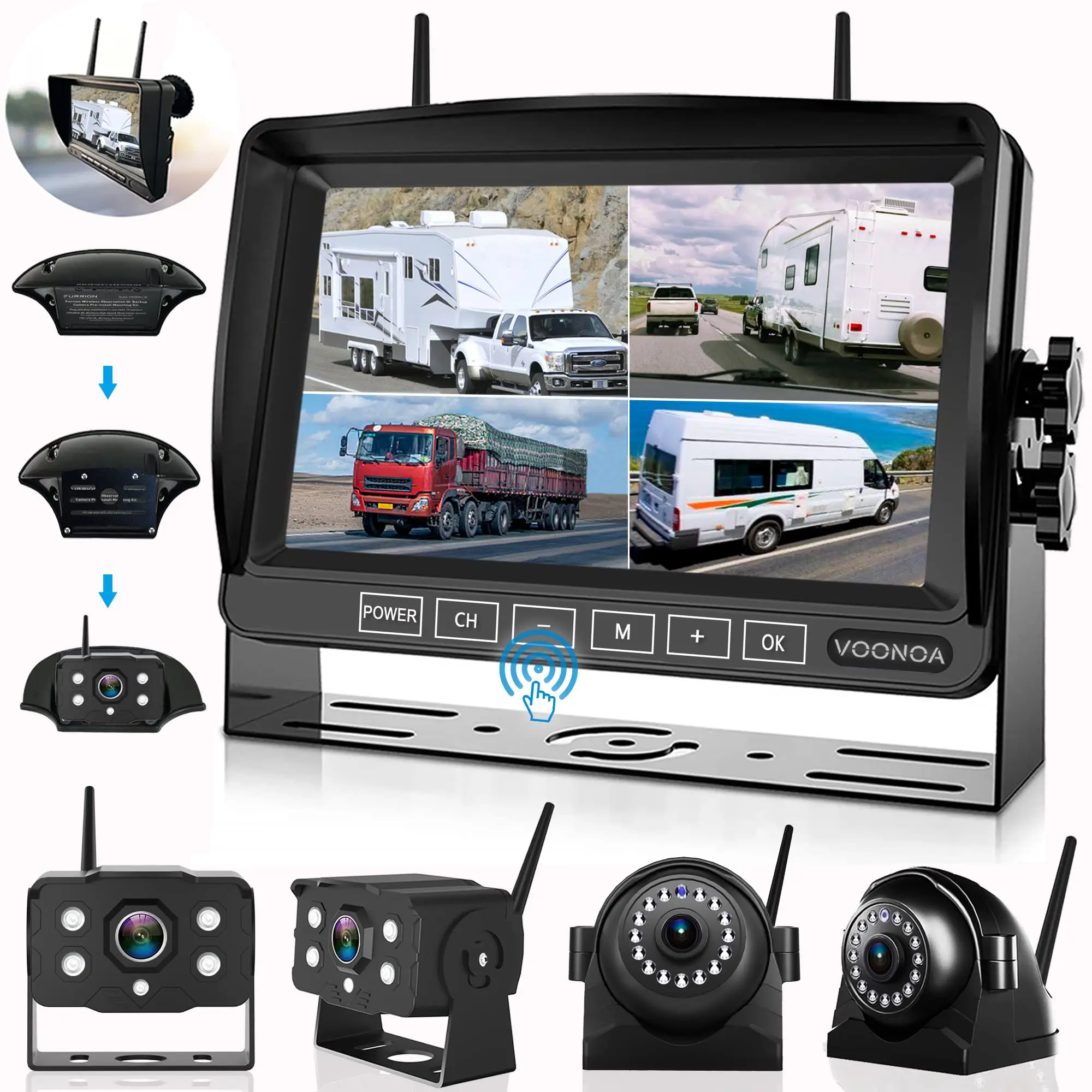 VOONOA Wireless Backup Camera System Set with 7-Inch HD Monitor, 1920p Resolution, IP69 Waterproof, Night Vision, Magnetic Solar-Powered, 12-36V DC, ABS, Built-In Batteries & Cells, Detailed Installation Manual Book, Rear View for RVs, Trucks
