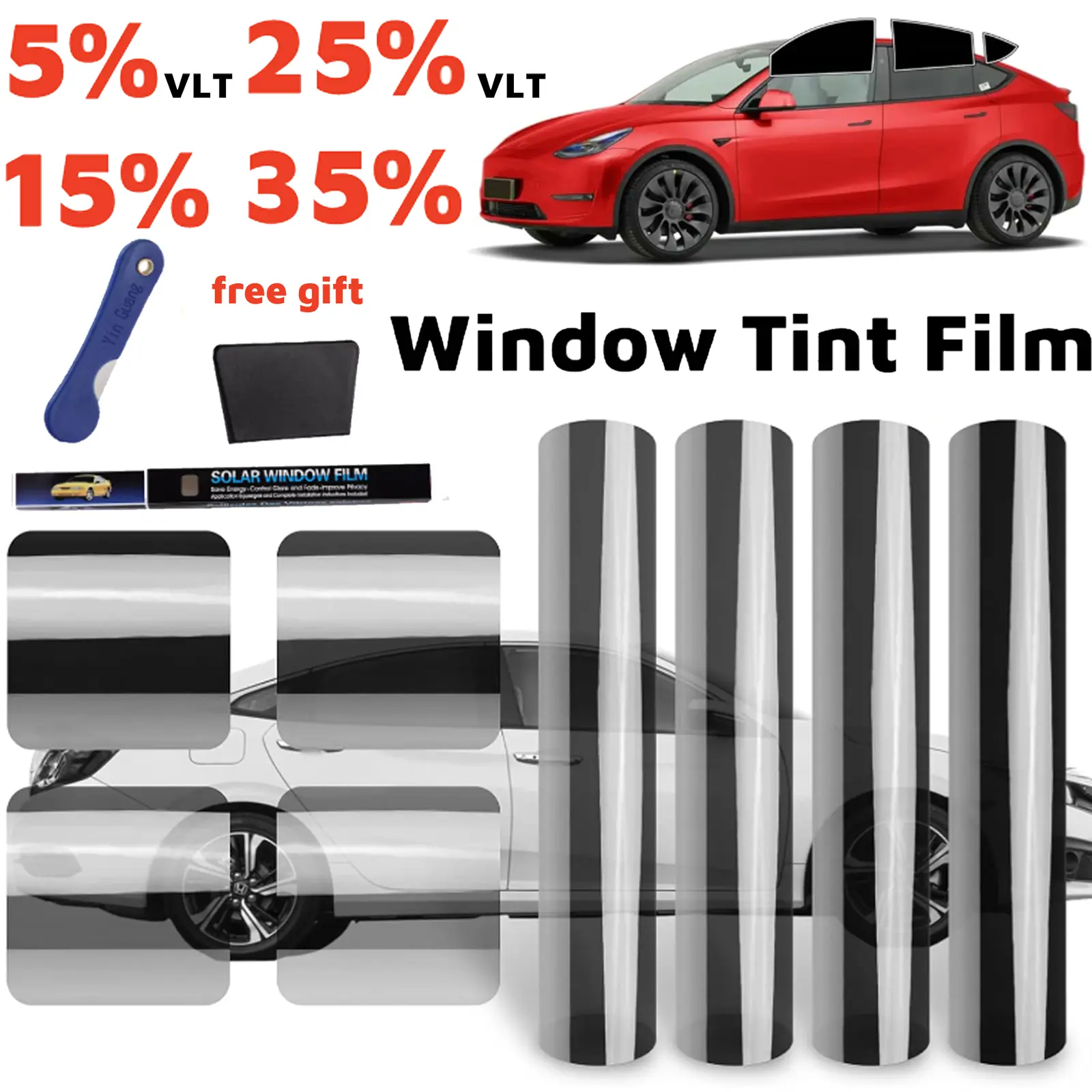 Window Tint Film for Car 20"x10ft  (5%/15%/25%/ 35%VLT) Protect Privacy Blocks UV Reduce Heat Film Roll for Car Front Rear Window Windshield Sun Strip Father'sDayGifts