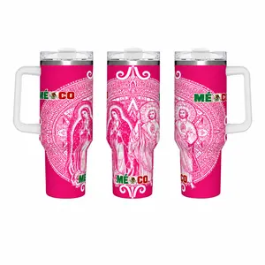 40oz Portable Insulated Stainless Steel Tumbler & Water Bottle - Handled, Pink Base, Our Lady of Guadalupe, Sacred Heart Jesus, Aztec Calendar Mexico Patriotic Full Wrap, Double-Wall Vacuum Insulation, Leak-Proof Lid, Car Cup Holder Fit