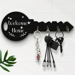 "welcome Home" Key Shaped Key Holder for Wall, Decorative Wooden Key Rack with 4 Hooks, Creative Entryway Organizer, Cute Housewarming Gift & Home Decor, Decoration