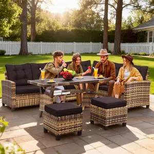 Cozy 6-Piece Outdoor Patio Set Sectional Sofa Dining Table Chairs Ottoman All-Weather Wicker Modern Backyard Lounge Perfect for Entertaining