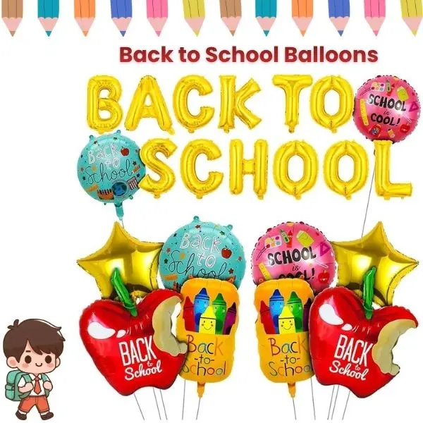 22PCS Back to School Balloons, First Day of School Decorations with Gold Letter, Crayon, Apple, Star & Foil Balloons for Classroom Party