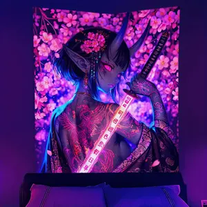 UV Reactive Anime Girl Blacklight Decor Tapestry - Japanese Style Colorful Glow-in-the-Dark Neon Fluorescent Home Wall Hanging, Room Decorations Gift