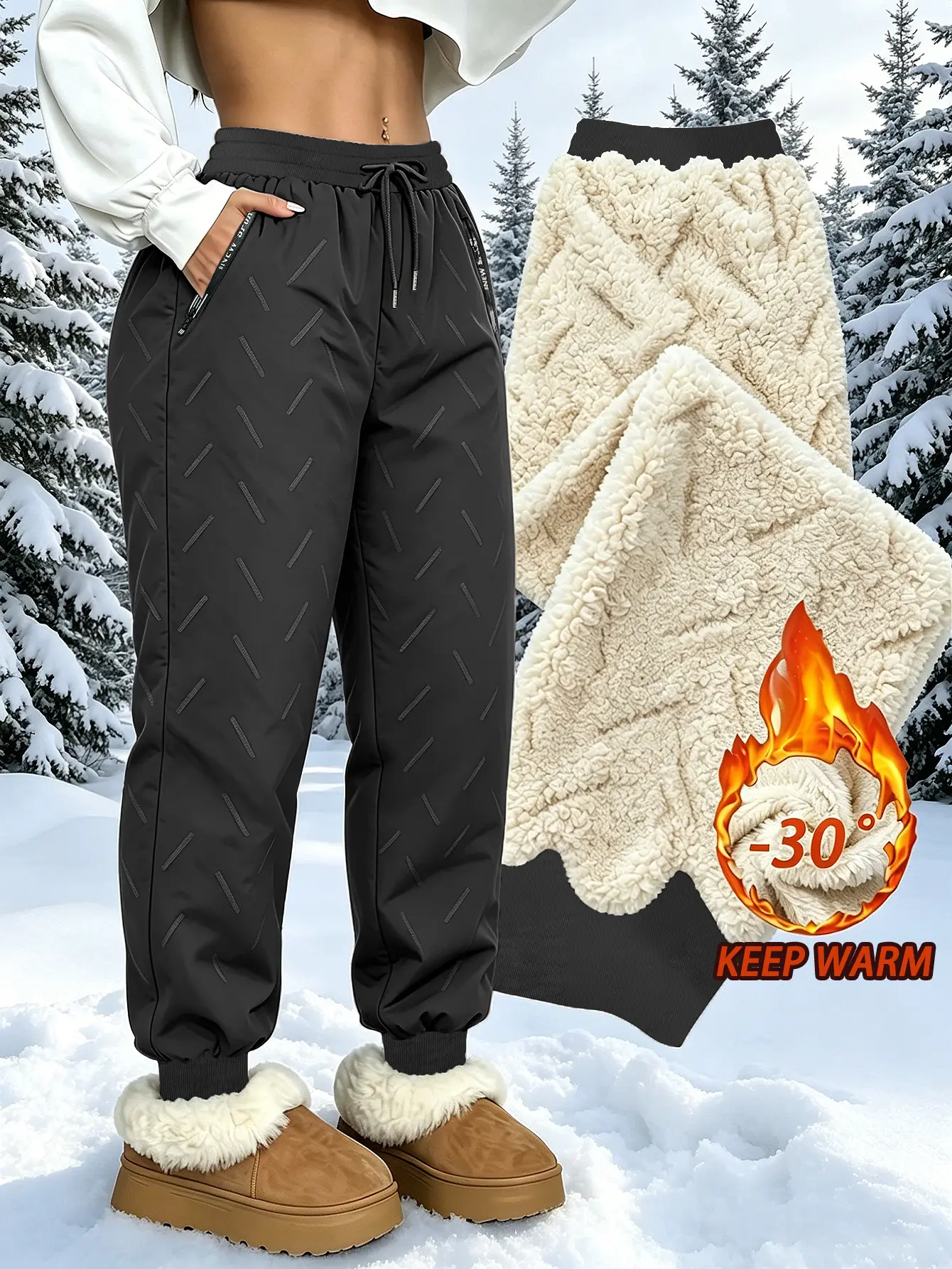 Women’s Thick Lined Snow Pants - Windproof, Water-Resistant, Warm Full-Length Hiking Pants with Elastic Drawstring Waist, Zipper Pockets, Snug Cuffed Ankles for -30°F Cold Winter, Casual Ski Trousers