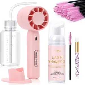 EMEDA Lash Shampoo Kit 2.02 fl oz Lash Cleaning Kit with Rechargeable Fan Dryer/Brush/Rinse Bottle, Oil-free Cleanser Wash for Extensions & Clusters & Natural Eyelashes, Cleaner for Eyelash Care